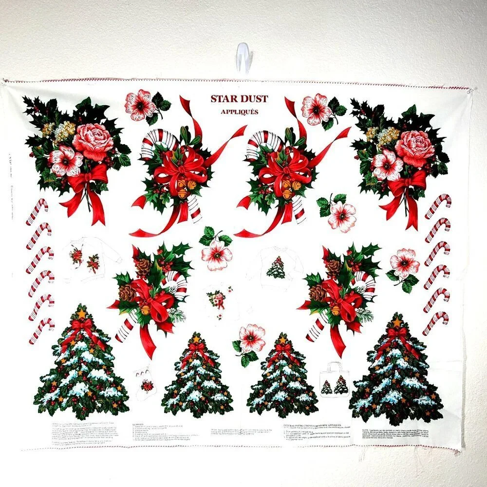 Vintage Christmas Star Dust Appliqués Fabric Panel By Cranston Print Works